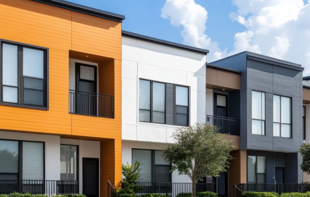 modern townhouse design urban area real estate bright background copyspace